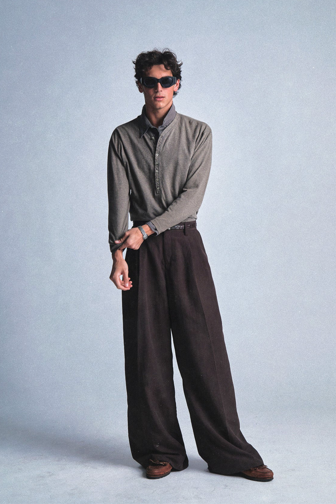 brown nylon pleated trousers