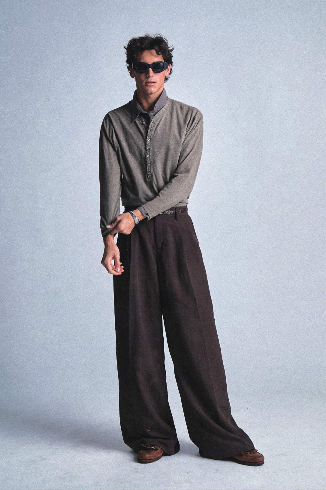 brown nylon pleated trousers