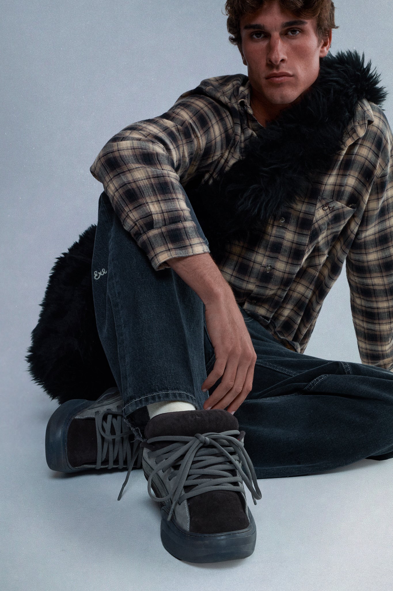 black shearling messenger bag