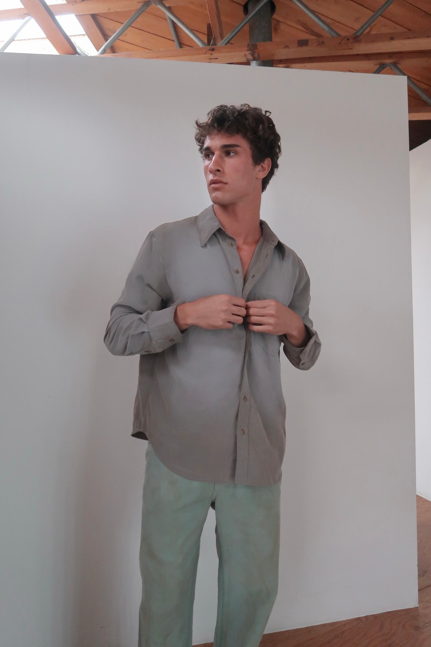 sueded silk button up shirt
