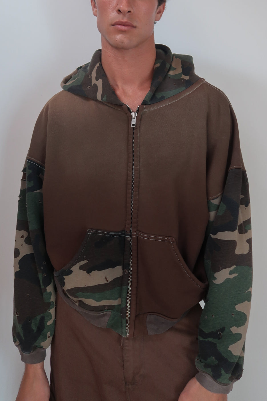 camo patchwork zip up