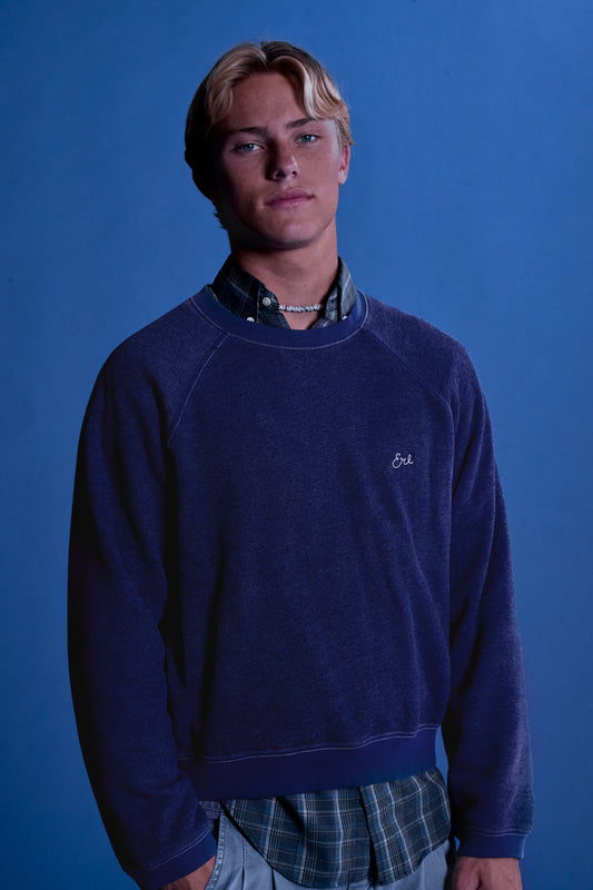 Person wearing a blue sweater with a brand logo against a blue background