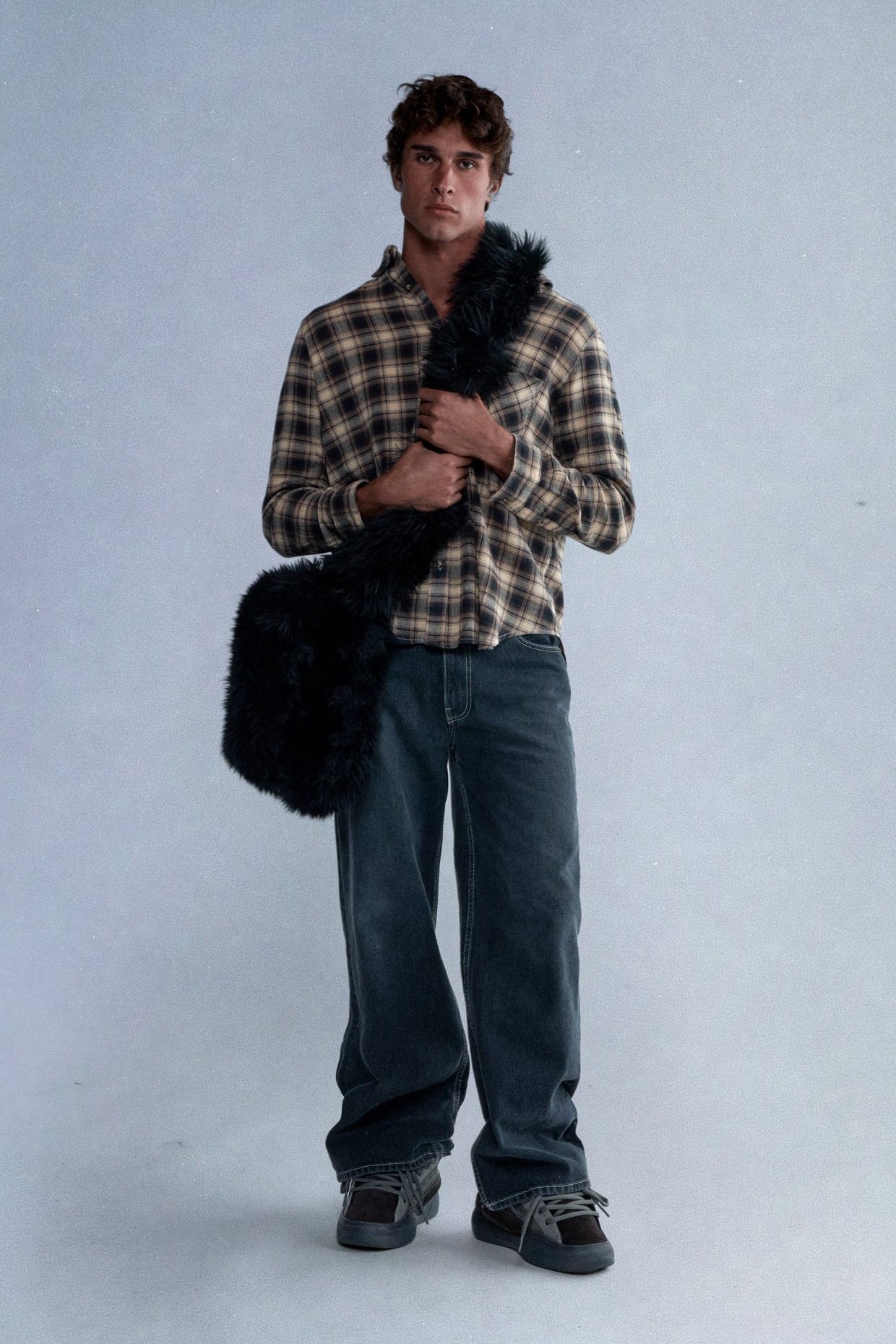 black shearling messenger bag