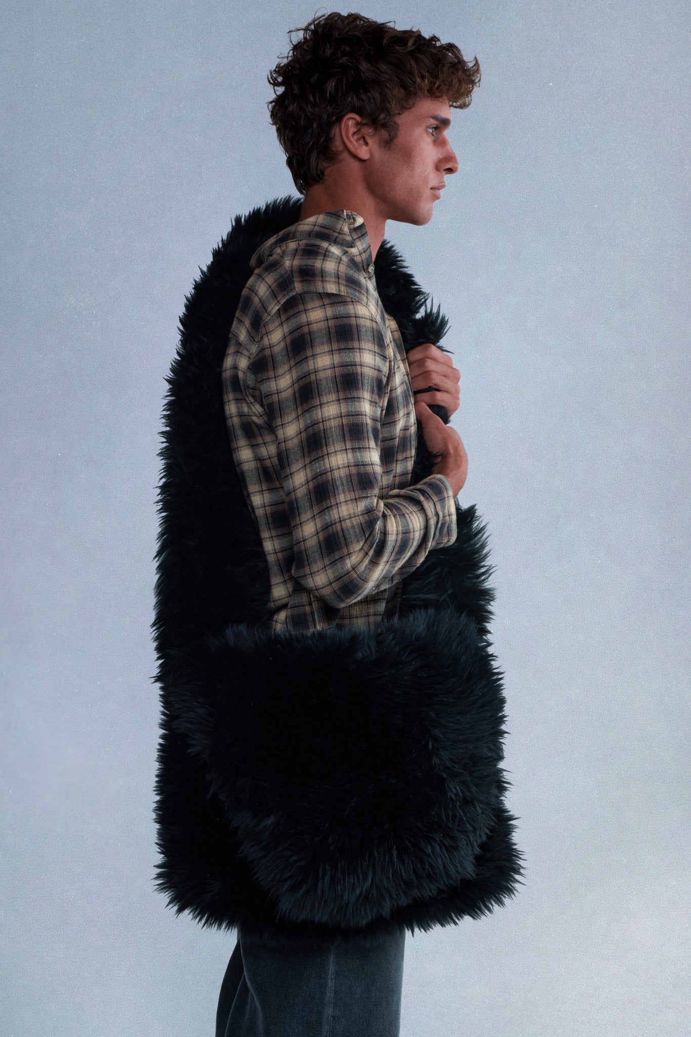 black shearling messenger bag