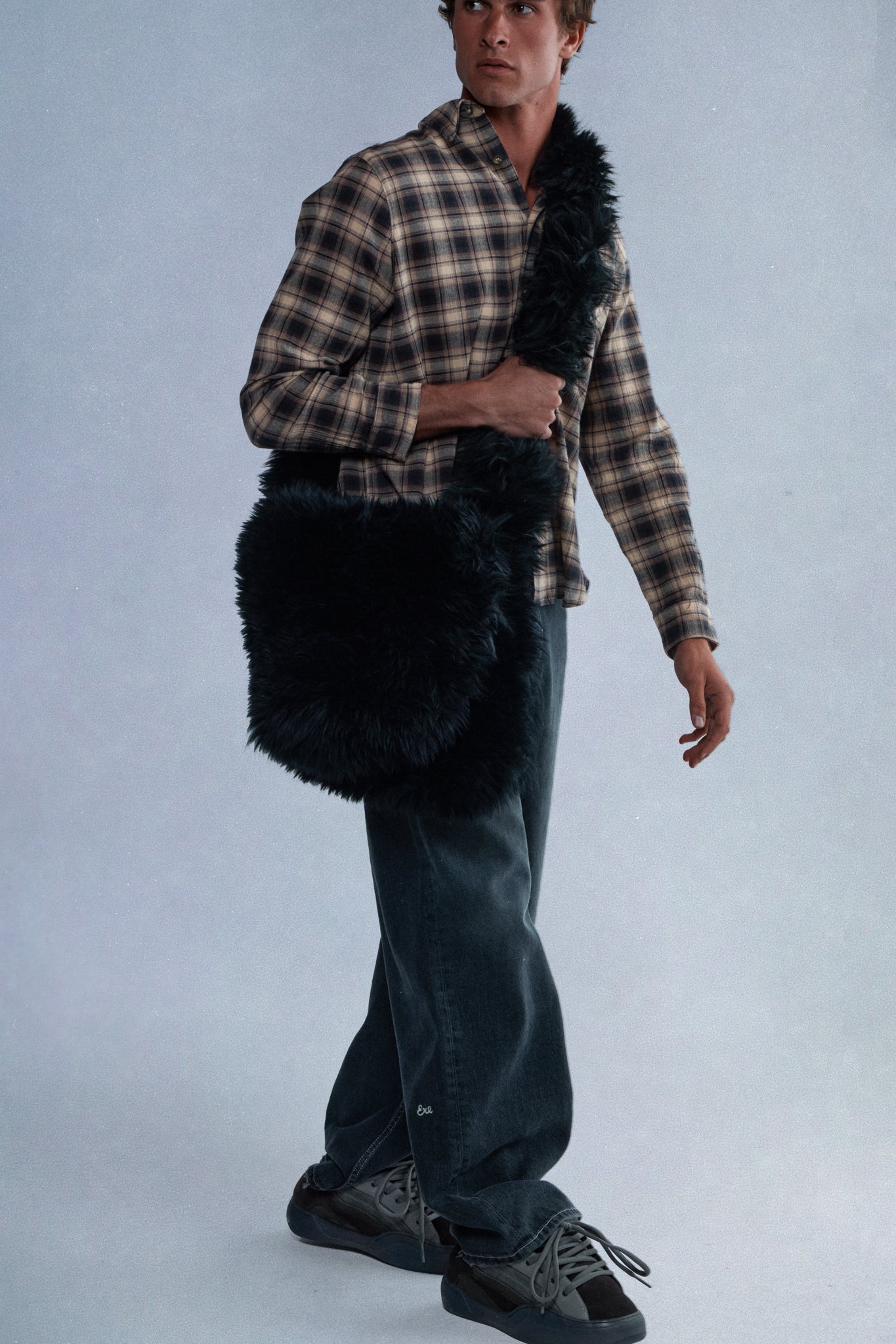 black shearling messenger bag