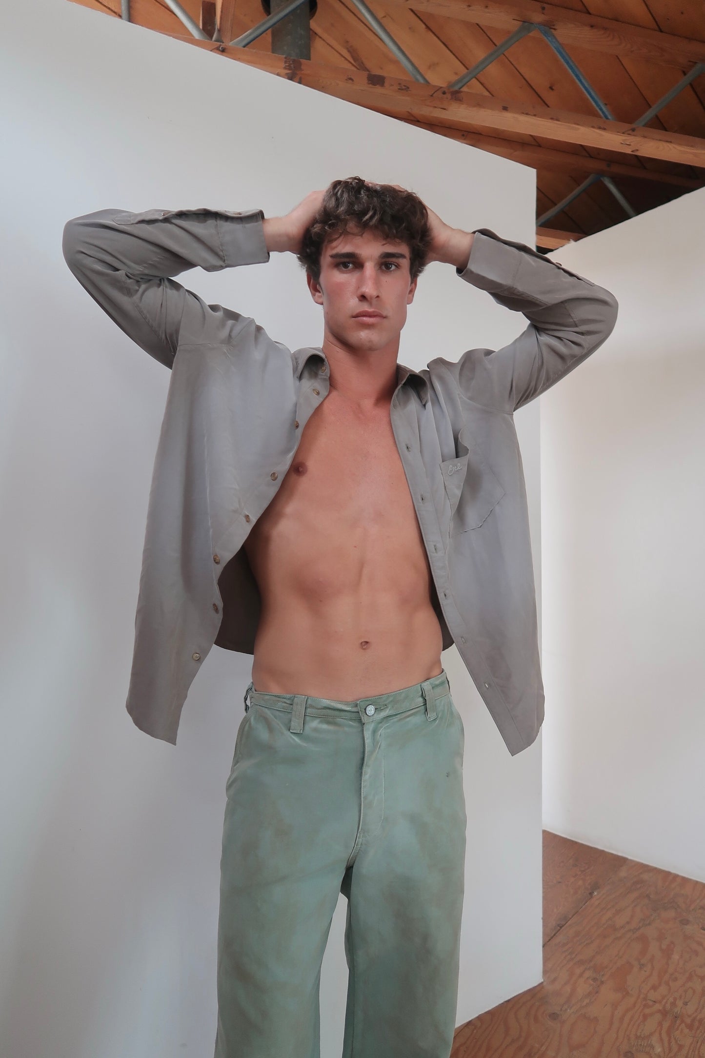 sueded silk button up shirt