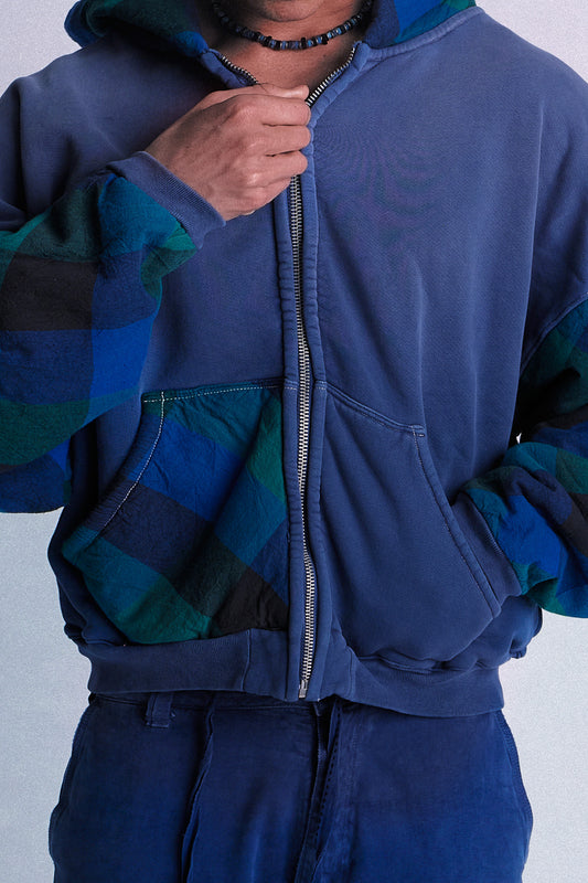 NAVY AND GREEN PATCHWORK PLAID ZIP UP