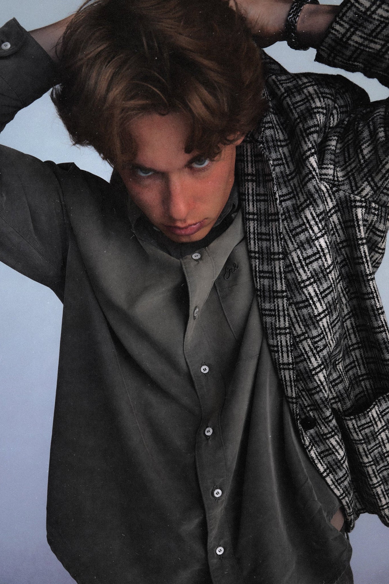 sueded silk button up shirt