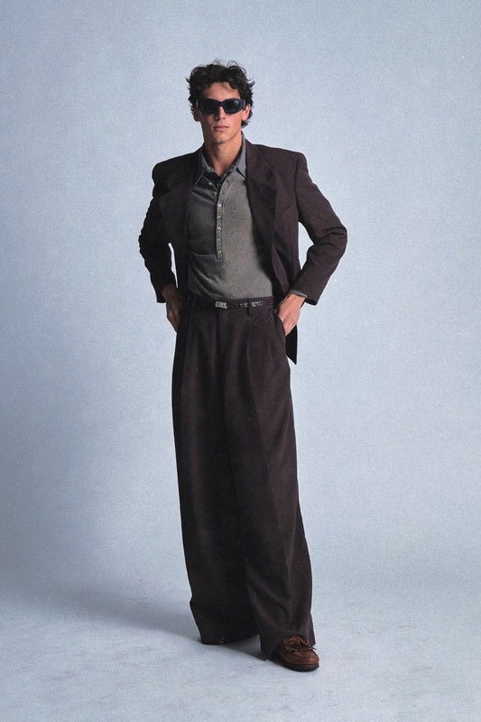 brown nylon pleated trousers